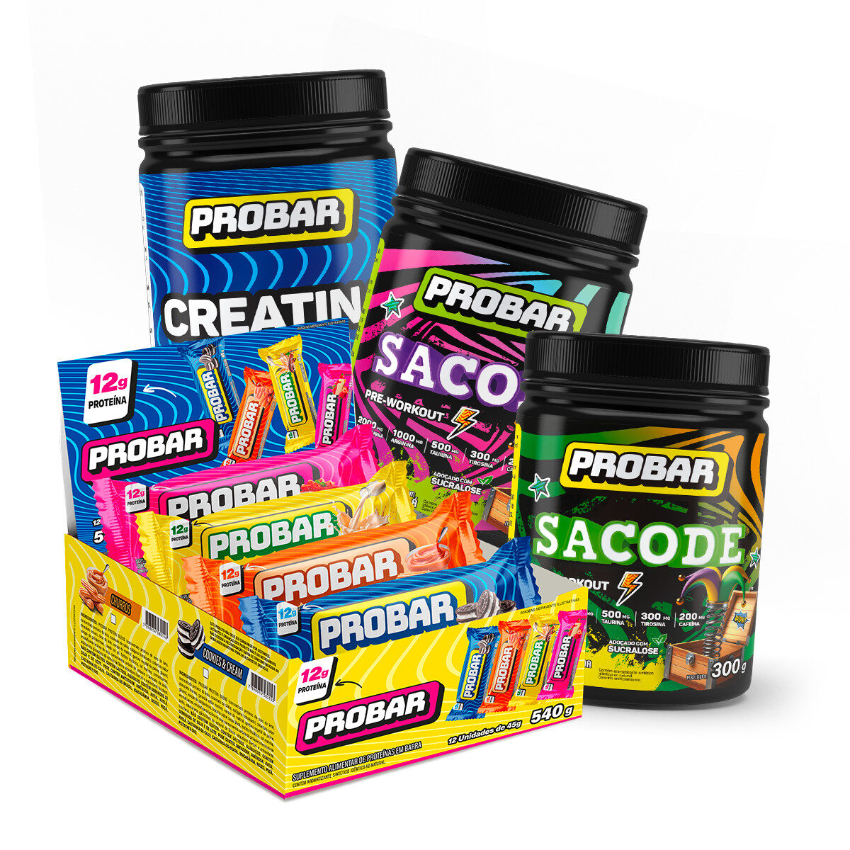 Kit Barrinha Probar + Creatina 100% Pura + Pré-treino Sacode